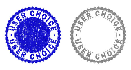 Grunge USER CHOICE stamp seals isolated on a white background. Rosette seals with grunge texture in blue and gray colors. Vector rubber stamp imitation of USER CHOICE tag inside round rosette.