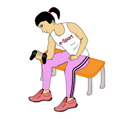 Training for e-sport, concept. Muscular woman in sport clothes lifting video games controller as if it were a weight. Vector or illustration.