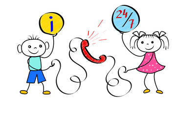 Stickman customer call service. Cartoon figures as technical support operators with online help and faq. Vector illustration