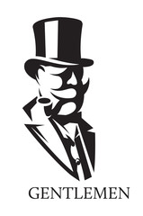 Vector illustration with template for badge with a gentleman with hat