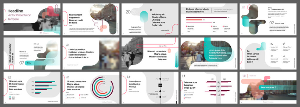 Grenn and red elements for slide presentations on a white background