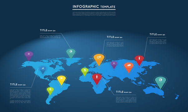 world map with abstract cone pointers, infographic template