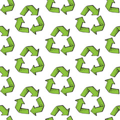 Seamless pattern with recycle reuse symbol isolated on white background. Recycle sign for ecological design zero waste lifestyle. 