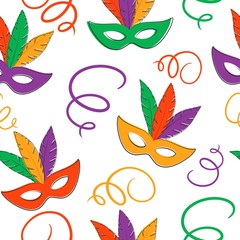 Colorful festive seamless pattern with carnival masks and serpentine streamers. Carnival or holiday background for design, kids party, decoration, event. Vector card, promotion, poster, flyer, web.