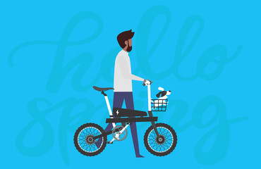 Cartoon picture with black man riding fast modern electric bicycle. Enjoying futuristic bike ride and he's walking the dog in bike basket. Flat style vector illustration. Blue Background.