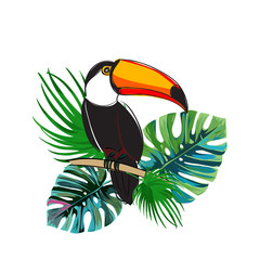 Toucan sitting on branch. Exotic bird with tropical leaves. Realistic illustration.
