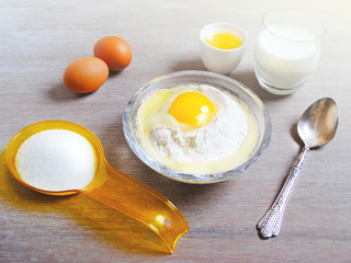 Ingredients for baking - eggs, flour, wheat. Kitchen utensils. Holiday Baking, Flour Dough.