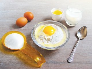 Ingredients for baking - eggs, flour, wheat. Kitchen utensils. Holiday Baking, Flour Dough.