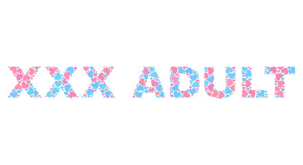 XXX ADULT tag designed with random pink and blue lovely hearts. Text tag is isolated on a white background. Vector collage XXX ADULT for Valentine illustrations.