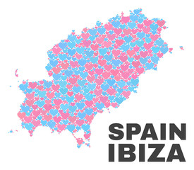 Obraz premium Mosaic Ibiza Island map of love hearts in pink and blue colors isolated on a white background. Lovely heart collage in shape of Ibiza Island map. Abstract design for Valentine illustrations.