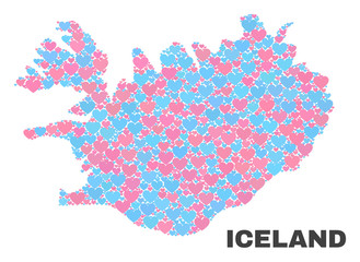 Obraz premium Mosaic Iceland map of lovely hearts in pink and blue colors isolated on a white background. Lovely heart collage in shape of Iceland map. Abstract design for Valentine illustrations.