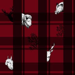 Lumberjack pattern with forest animals. Vector