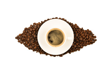 Cup of coffee and coffee beans.