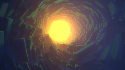 Abstract technology round tunnel filled by long boxes and warm yellow volume light. background for project. 3D rendering illustration