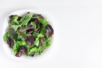 Plate with lettuce on a white wooden background. Salad greens. Organic food. Food For Vegans. Design a banner with natural food. Salad to lose weight