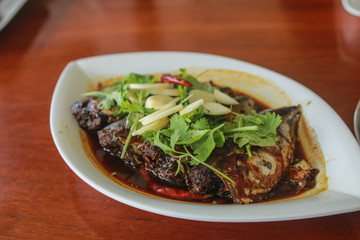 Delicious Boiled Mackerel in secret brown sauce with coriander,ginger and chili.