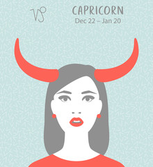 Capricorn zodiac sign. Girl vector illustration. Astrology zodiac profile. Astrological sign as a beautiful women. Future telling, horoscope, alchemy, spirituality, occultism, fashion