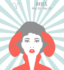 Aries zodiac sign. Girl vector illustration. Astrology zodiac profile. Astrological sign as a beautiful women. Future telling, horoscope, alchemy, spirituality, occultism, fashion
