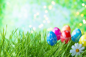 Easter eggs on green grass with bokeh and sunlight on a blue background