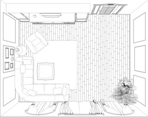 interior contour visualization, 3D illustration, sketch, outline