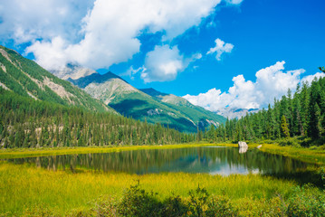 Beautiful mountain lake before giant mountains under blue sky with white clouds. Forest edge on slope. Amazing water in sunny day. Wonderful mountainscape. Colorful scenic landscape. Highland scenery.