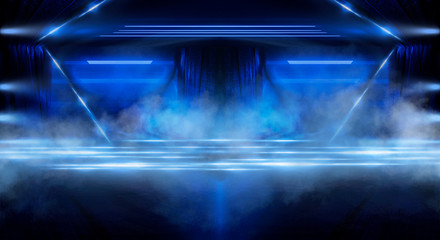 Fototapeta premium Neon background with lines and laser light. Dark room, tunnel, basement, corridor with reflection. Abstract light in the tunnels.