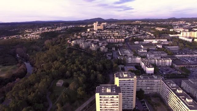 Aerial back tracking over residential building Hauts de Massane neighborhood Montpellier