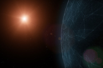 Artistic globe in the universe with bright star flare of light. Illustration background.