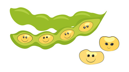 Beans family. Soy bean cute character. Bean smile sticker