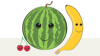 Different fruits smiling together: watermelon, banana, cherry. Foods with faces. 