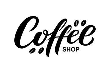 Hand drawn Coffee shop text, typography lettering poster, calligraphy logo. Coffee beans signs, drink logotype, badge. Coffee shop design template, vector illustration. Pricelist decor, label.