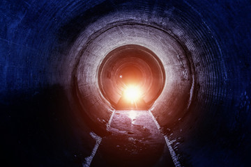 Round underground drainage sewer tunnel with dirty sewage water - obrazy, fototapety, plakaty