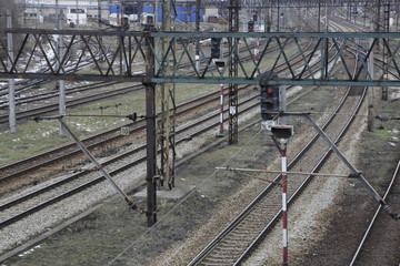 Railway tracks, lines. Train tracks. Railroad. Railway infrastructure. Winter