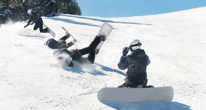 storyboard fall snowboarder from the slope run fast and fall down into the ground