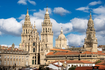 Cathedral of Santiago de Compostela with a new restored facade. Baroque facade architecture. Pilgrimage destiny of St. James way Santiago Galicia Spain