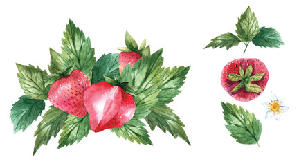 strawberries with leaves isolated on white background