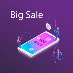 Online shopping concept with people catching discounts. 