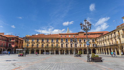 Colorful historic buildings at the Plaza Mayor of Leon, Spain