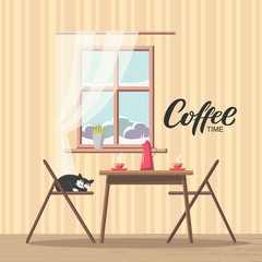 Dining room interior background with table and chairs near window with snowy view, dishes - kettle, coffee mug on table. Cat sleeping. Coffee time lettering, hand drawn word. Modern flat style vector