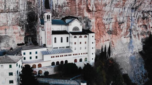 Aerial drone View of Madonna della Corona Sanctuary, Italy.