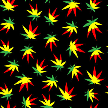 Seamless vector pattern. Many bright, multi-colored cannabis leaves.