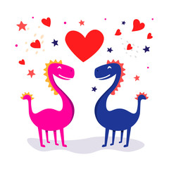 Dinosaur couple lover with heart. Hand drawn vector illustration