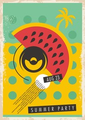 Summer party retro poster design with loud speaker, palm and watermelon. Beach event promo flyer. Vintage vector illustration.