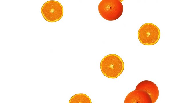 Whole oranges and slices against white background. Oranges rotating and falling down. Abstract background