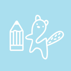Cute kawaii animal character sign get a pencil. Funny beaver or cat logo design template and symbol for web or print. Animal linear illustration in trendy minimalistic style. Modern education.