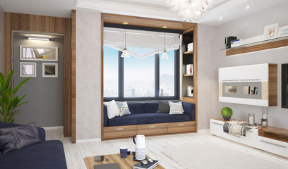 Modern bright living room, interior with sofa, table and lamp