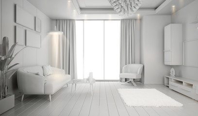 Modern white bright interior with sofa and lamp