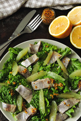 Salad with herring and lemon fillet. Paleo diet, keto diet, pegan diet. Healthy fitness salad with lemon and fish.