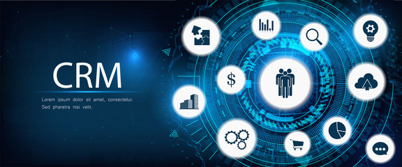 CRM - Customer relationship management. Futuristic style, design illustration with line and icons. Business internet technology. CRM concept, customer service and relationship. Illustration background