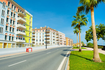 Colorful buildings in venetian style of the Qanat Quartier